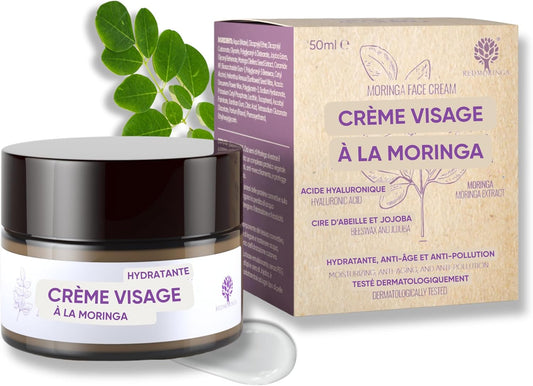 Crème Visage Anti-Rides Avec Acide Hyaluronique, Moringa Et Céramides Pour Femmes Et Hommes, Effet Anti-Âge Et Anti-Pollution Pour Peau Mixte - 99% Naturel - 50 Ml - Fabriqué En Italie