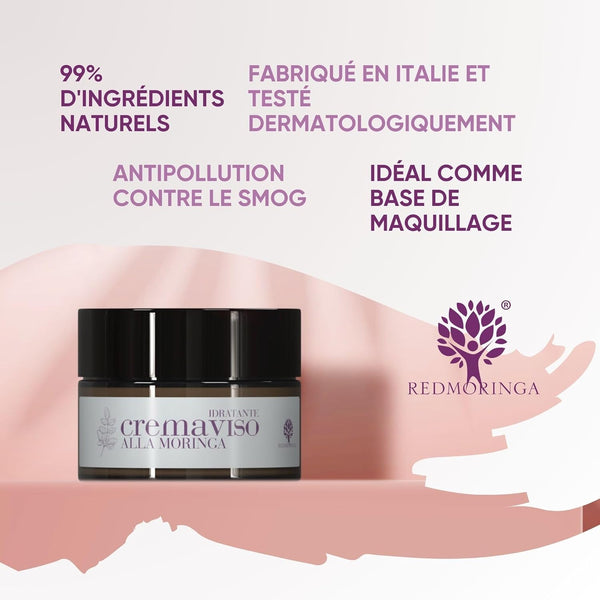 Crème Visage Anti-Rides Avec Acide Hyaluronique, Moringa Et Céramides Pour Femmes Et Hommes, Effet Anti-Âge Et Anti-Pollution Pour Peau Mixte - 99% Naturel - 50 Ml - Fabriqué En Italie