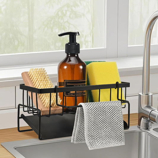 Kitchen Sink Rack, Stainless Steel Sink Organizer, Sink Storage Rack with Automatic Drain Tray, Suitable for Sponge and Towel Storage Rack, Black