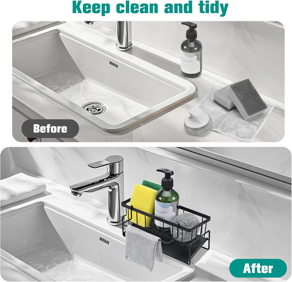 Kitchen Sink Rack, Stainless Steel Sink Organizer, Sink Storage Rack with Automatic Drain Tray, Suitable for Sponge and Towel Storage Rack, Black